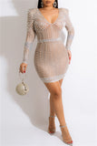 Fashion Sexy Patchwork Hot Drilling See-through Beading V Neck Long Sleeve Dresses