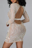 Sexy Solid Split Joint See-through Backless Beading Hot Drill O Neck One Step Skirt Dresses