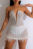 Sexy Patchwork Hot Drilling See-through Feathers Backless V Neck Strapless Dress Dresses