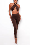 Sexy Casual Solid Hollowed Out Backless Halter Skinny Jumpsuits