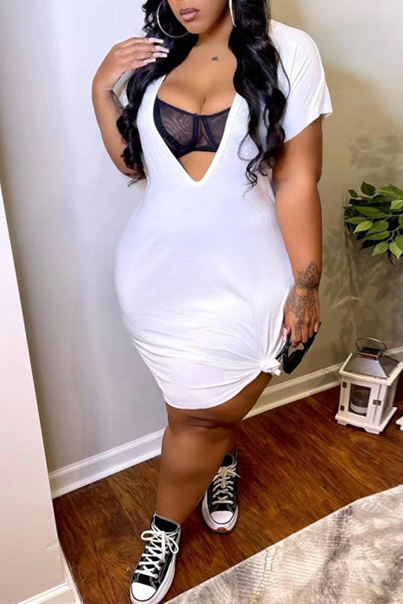 Sexy Casual Plus Size Solid Basic V Neck Short Sleeve Dress