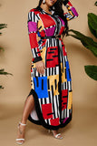 Fashion Casual Print Without Belt Turndown Collar Long Sleeve Plus Size Dresses