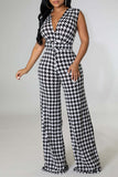 Casual Print Split Joint With Belt V Neck Straight Jumpsuits(Contain The Belt)