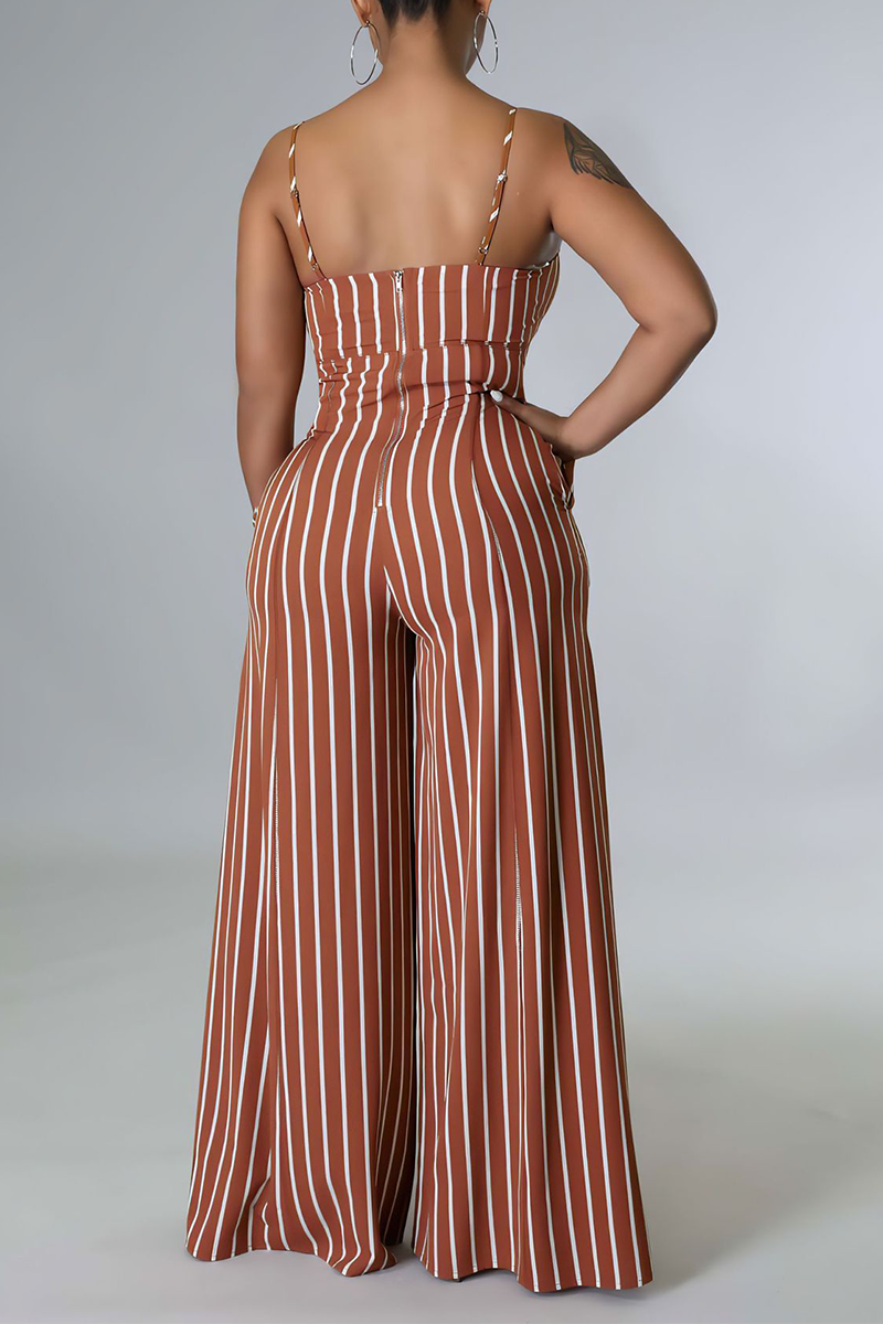 Casual Striped Split Joint Spaghetti Strap Loose Jumpsuits