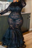 Fashion Sexy Plus Size Solid Patchwork See-through O Neck Long Sleeve Dresses