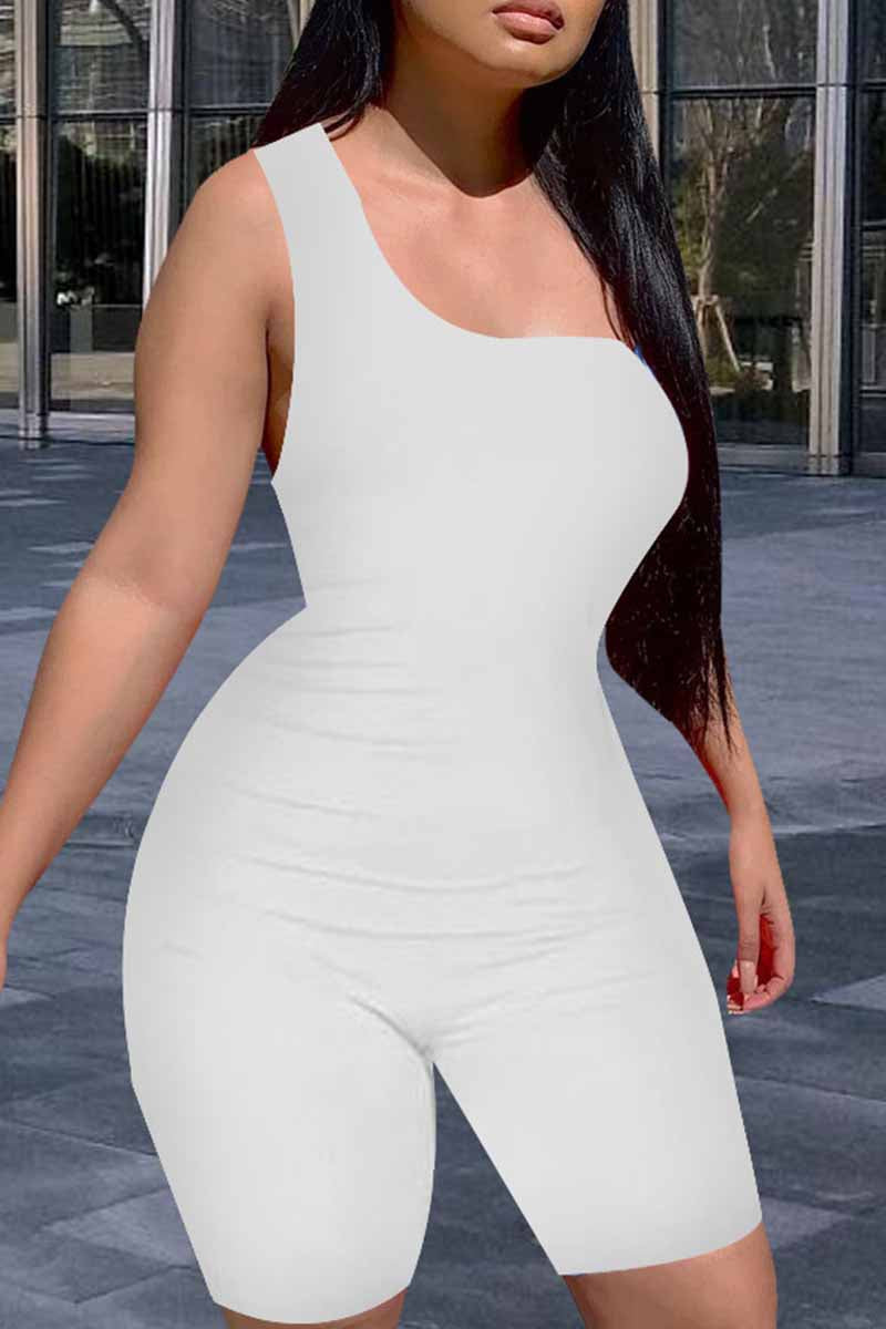 Sexy Casual Solid Backless One Shoulder Skinny Jumpsuits