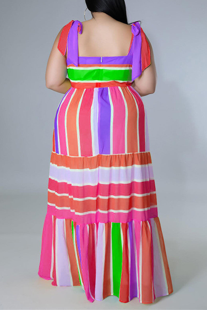 Fashion Casual Plus Size Striped Print Bandage Backless Spaghetti Strap Long Dress