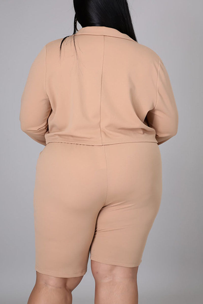 Casual Solid Split Joint Turn-back Collar Plus Size Two Pieces