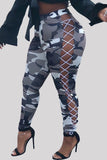 Fashion Casual Camouflage Print Bandage Hollowed Out Regular High Waist Trousers