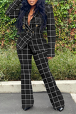 Casual Plaid Split Joint Turndown Collar Long Sleeve Two Pieces