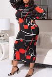 Plus Size Fashion Geometric Printing O Neck Wrapped Skirt Plus Size Dresses
