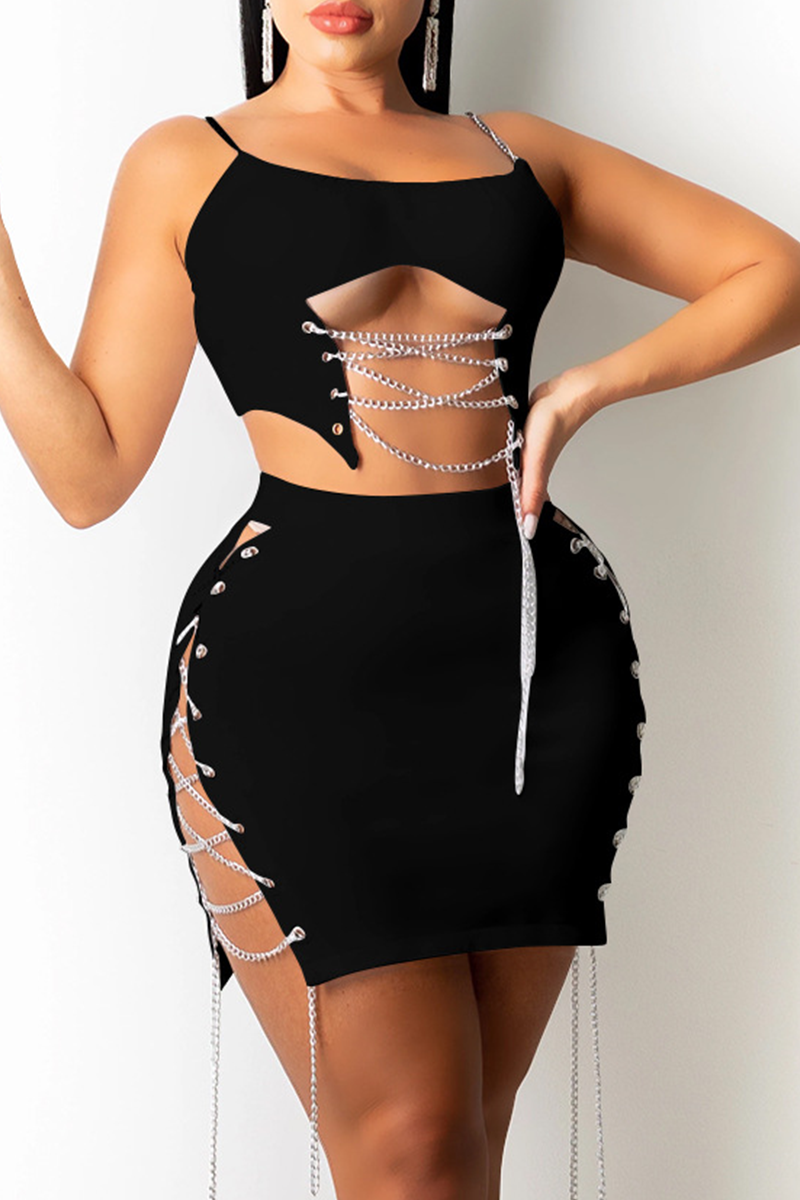 Sexy Solid Hollowed Out Chains Spaghetti Strap Sleeveless Two Pieces
