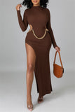 Fashion Sexy Solid Hollowed Out Slit O Neck Long Sleeve Dresses (Without Waist Chain)