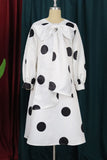 Casual Print Polka Dot Patchwork With Belt With Bow Ribbon Collar A Line Plus Size Dresses