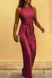 Elegant Solid Sequined With Belt O Neck Straight Jumpsuits