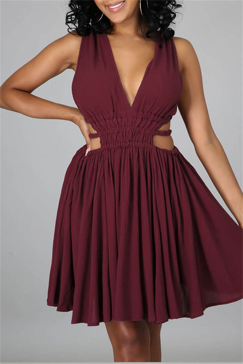 Sexy Casual Solid Hollowed Out Backless V Neck Sleeveless Dress