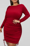 Fashion Casual Solid Draw String Fold O Neck Long Sleeve Plus Size Dresses