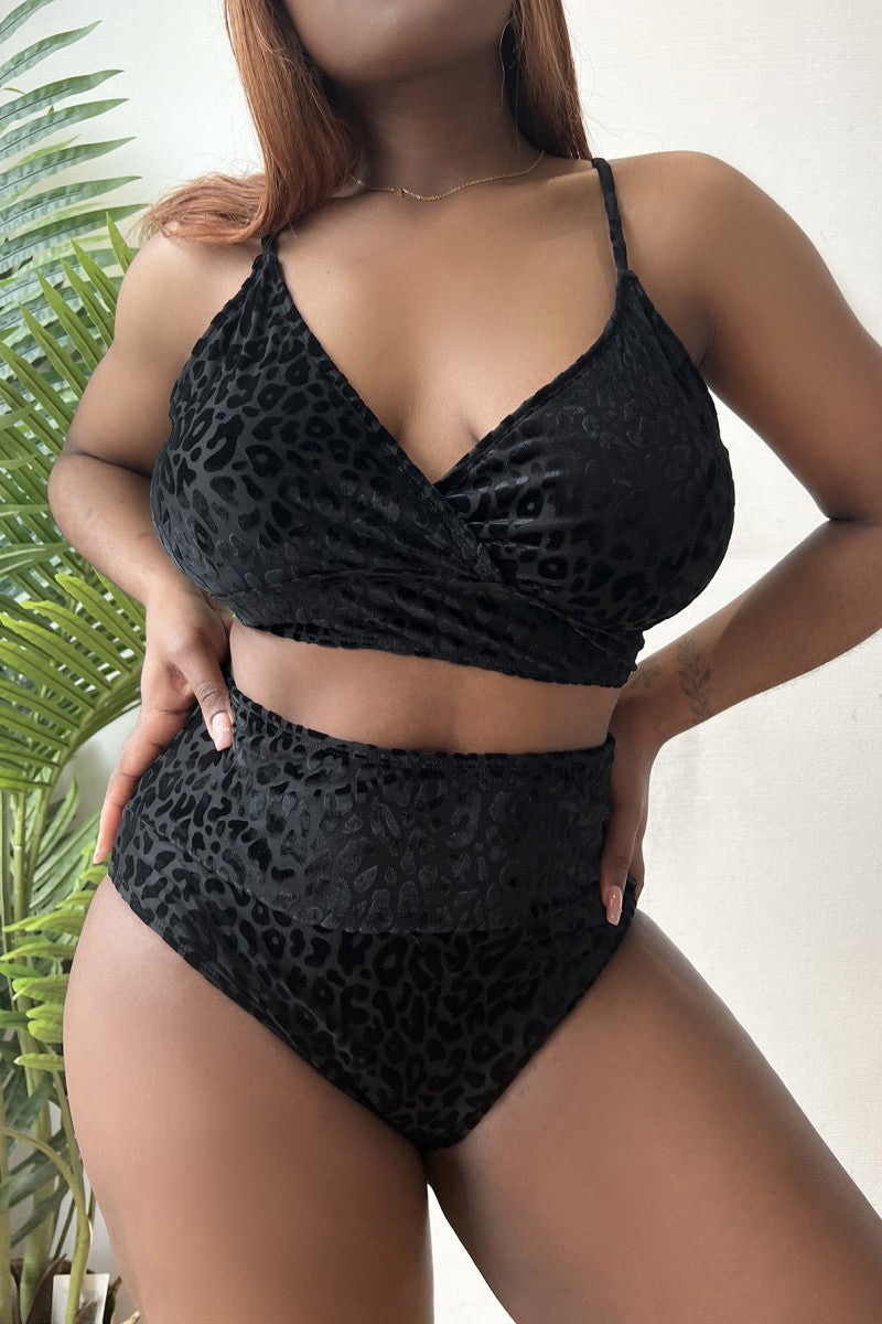 Fashion Sexy Leopard Patchwork Backless V Neck Plus Size Swimwear (With Paddings)