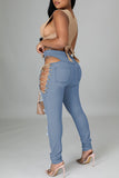 Sexy Casual Solid Ripped Hollowed Out Frenulum Mid Waist Skinny Denim Jeans