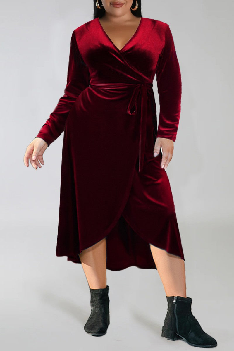 Casual Solid Frenulum V Neck Long Sleeve Plus Size Dresses