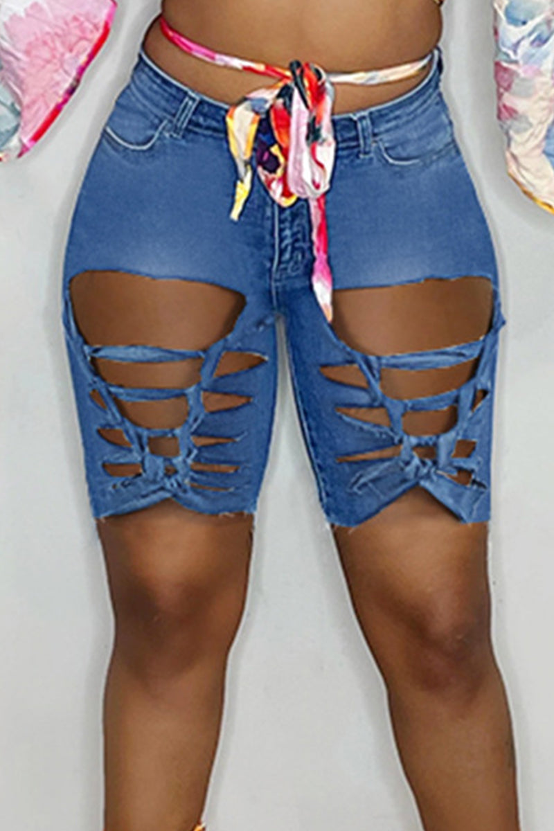 Fashion Sexy Solid Ripped Hollowed Out High Waist Skinny Denim Shorts