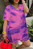 Fashion Patchwork Tie-dye V Neck Short Sleeve Two Pieces