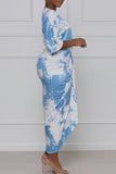 Elegant Print Tie Dye Split Joint Fold Asymmetrical V Neck Straight Dresses