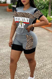 Casual Letter Print Leopard Patchwork O Neck Short Sleeve Two Pieces