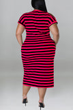 Casual Striped Print Patchwork Slit O Neck Straight Plus Size Dresses