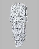 Plus Size Abstract Figure Print Lantern Sleeve Maxi Dress
