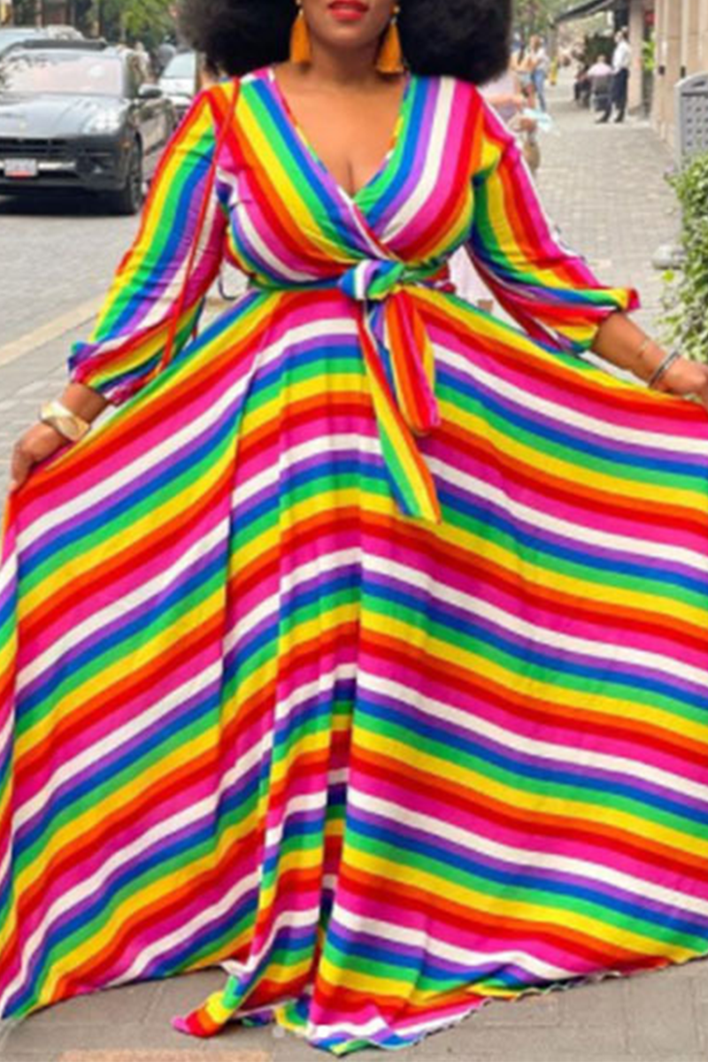 Casual Striped Split Joint V Neck Cake Skirt Plus Size Dresses