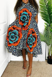 Fashion Casual Print Asymmetrical Turtleneck Sleeveless Dress