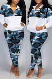 Casual Camouflage Print Patchwork Zipper Collar Plus Size Two Pieces