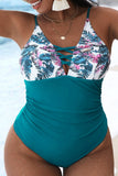 Sexy Print Patchwork Backless V Neck Plus Size Swimwear (With Paddings)